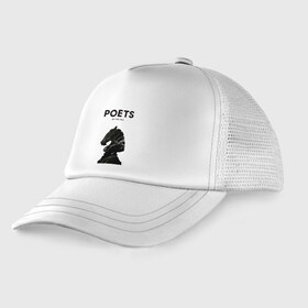 Детская кепка тракер с принтом Poets of the Fall в Калуге, Козырек - 100% хлопок. Кепка - 100% полиэстер, Задняя часть - сетка | универсальный размер, пластиковая застёжка | Тематика изображения на принте: marko saaresto | markus kaarlonen | olli tukiainen | poets of the fall | марко сааресто | маркус каарлонен | олли тукиайнен | поэты осени | финляндия